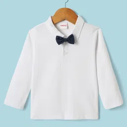 Babyhug Knit Full Sleeves Three Piece Party Suit with Checked Waistcoat & Bow Applique - White & Navy Blue image 2