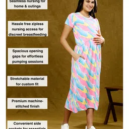 True Shape Embosis Hoseiry Half Sleeves Abstract Printed Maternity Dress With Zipless Nursing Access - Pink image 5