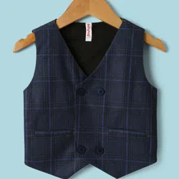 Babyhug Knit Full Sleeves Three Piece Party Suit with Checked Waistcoat & Bow Applique - White & Navy Blue image 4