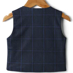 Babyhug Knit Full Sleeves Three Piece Party Suit with Checked Waistcoat & Bow Applique - White & Navy Blue image 5