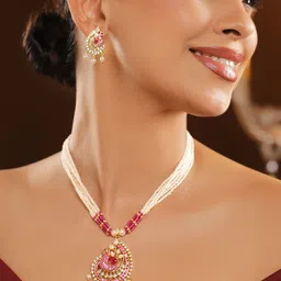 Rubans 22K Gold-Plated Ruby Pink Zirconia & White Pearl Beaded Peacock Pendant NecklaceSet-image-48