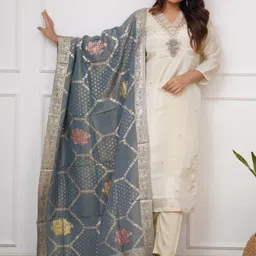 S.K.C Women Ethnic Motifs Embroidered Regular Thread Work Chanderi Silk Kurta with Trousers & With Dupatta-picture-38