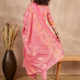 all about you Ethnic Motifs Embroidered Pure Cotton Straight Kurta with Trousers & Dupatta image 2