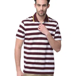 woodland Woods Wine & White Cotton Regular Fit Striped Polo T-Shirt-picture-31