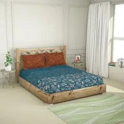 Spaces Dark Teal Organic 210 TC Cotton Bedsheet with 2 Pillow Covers-picture-15