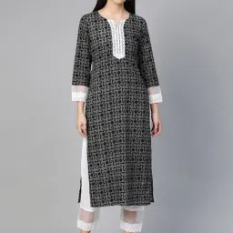 Indo Era Black & White Cotton Embroidered Straight Kurta-picture-30