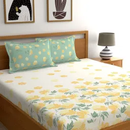 Dreamscape White & Yellow Cotton 140 TC King Bedsheet with 2 Pillow Covers image 1