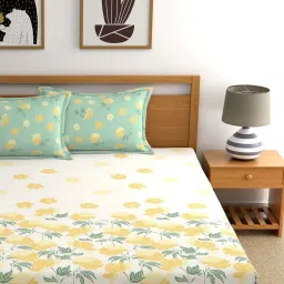 Dreamscape White & Yellow Cotton 140 TC King Bedsheet with 2 Pillow Covers image 3
