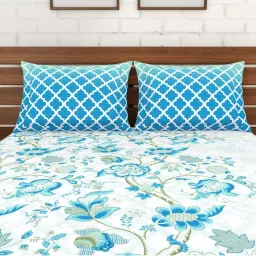 Spaces ATRIUM ECOM Blue & White Cotton 144 TC Double Bedsheet with 2 Pillow Covers image 4