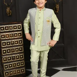 Ahhaaaa Kids Green Embellished Full Sleeves Sherwani, Jacket & Pyjamas image 4