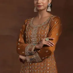 Libas Rust Ethnic Motif Zari Embellished Short Kurta with Solid Palazzos and Solid Dupatta image 5