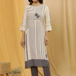 W White & Grey Printed Kurta Pant Set-image-1