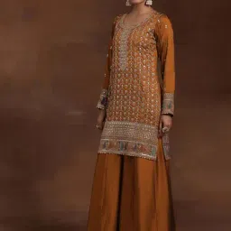 Libas Rust Ethnic Motif Zari Embellished Short Kurta with Solid Palazzos and Solid Dupatta image 3