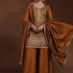 Libas Rust Ethnic Motif Zari Embellished Short Kurta with Solid Palazzos and Solid Dupatta-picture-11