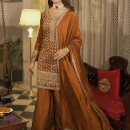 Libas Rust Ethnic Motif Zari Embellished Short Kurta with Solid Palazzos and Solid Dupatta image 4