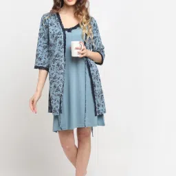 Kanvin Blue Floral Print Night Dress With Robe image 4