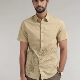 ANDAMEN Khaki Regular Fit Printed Cotton Shirt-image-6