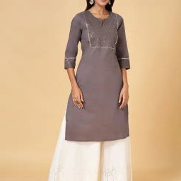 Rangmanch by Pantaloons Charcoal Grey Cotton Embellished Straight Kurta-picture-39