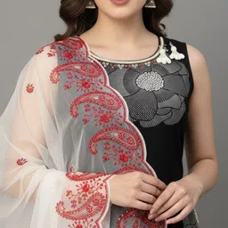 Sangria Paisley Embroidered Dupatta with Scalloped Border image 4