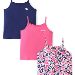Pine Kids Cotton Spandex Knit Sleeveless Solid & Floral PrintSlips with Bow Applique Pack of 3 - Blue White & Pink image 1