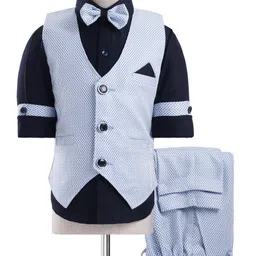 Rikidoos Full Sleeves Solid Shirt With Abstract Printed Waistcoat Pant & Bow Set - Navy & Blue-picture-12