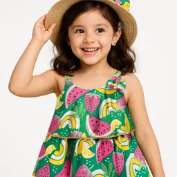 Babyhug Rayon Woven Sleeveless Layered Top with Tropical Theme Print & Bow Applique - Green-picture-37