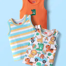 Babyhug 100% Cotton Antibacterial Sleeveless Sando With Stripes & Animal Print Pack Of 3 - Light Blue Orange & White-picture-16