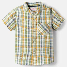 Babyhug Cotton Woven Half Sleeves Mandarin Collar Shirt With Checks Print - Green-picture-13