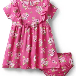 Babyhug Cotton Knit Half Sleeves Frock With Bloomer Floral Print with Bow Applique & Frill Detailing - Pink-picture-29
