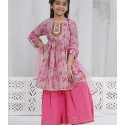 Little Bansi Muslin Woven Three Fourth Sleeves Leaves Printed Gota Lace Embellished Kurta Sharara With Dupatta Set - Dusly Rose-picture-18