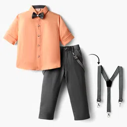 Rikidoos Full Sleeves Solid Shirt Pant With Bow & Suspender Set - Peach & Dark Grey-picture-27