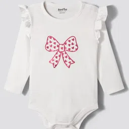 Bonfino 100% Cotton Full Sleeves Bow Printed Onesies With Leggings & Headband - Red & White image 2