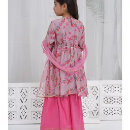 Little Bansi Muslin Woven Three Fourth Sleeves Leaves Printed Gota Lace Embellished Kurta Sharara With Dupatta Set - Dusly Rose image 3