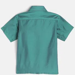 THANGAMAGAN Viscose Half Sleeves  Solid Shirt With Mundu & Angavastram With Freebies Set - Sea Green image 4