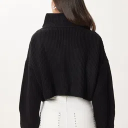 Happiness istanbul Women Siyah Mock Collar Ribbed Crop Pullover image 5