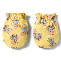 Doodle Poodle 100% Cotton Interlock Knit Cap with Knot Mittens & Booties Set with Teddy Print Lemon Yellow - Diameter 16 cm image 5