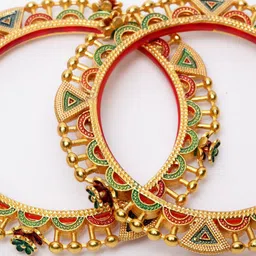 Shining Diva Set Of 2 Gold-Plated Red & Green Meenakari Bangles image 3