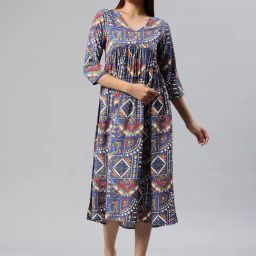 Cottinfab Blue Printed A Line Dress-picture-0