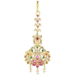 Aatmana Gold-Plated Maroon & Green AD-Studded & Beaded Handcrafted Maang Tikka for Women & Girls image 4