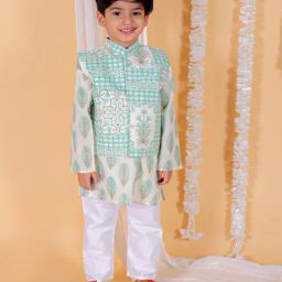 The Mom Store Kids Blue & White Floral Print Full Sleeves Kurta, Pyjamas with Jacket-picture-47