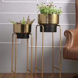 Aapno Rajasthan Golden Metal Planter Pot with Stand - Set of 2 image 2