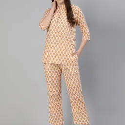 Jaipur Kurti White & Orange Pure Cotton Printed Tunic Pyjama Set image 1