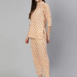 Jaipur Kurti White & Orange Pure Cotton Printed Tunic Pyjama Set image 3