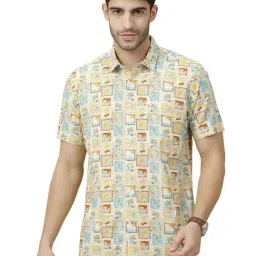 CAVALLO By Linen Club Yellow Linen Blend Contemporary Fit Print Casual Shirts-picture-30