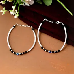 Jewels Nest Stainless Steel Silver-Plated Artificial Beaded Evil Eye Anklets-image-98