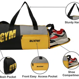 auxter Polyester 48 Cms Premium Sports Gym Duffle Bag with Shoe Compartment for Men and Women, Black-Yellow Set of 1 image 3