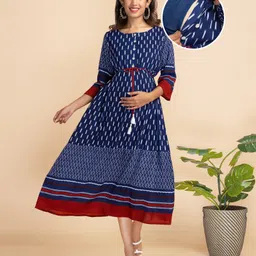 Bella Mama Three Fourth Sleeves Ikkat Maternity Dress - Navy Blue-picture-19