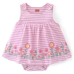 Babyhug 100% Cotton Knit Sleeveless  Frock Style Onesie Striped & Floral Print - Pink-image-86