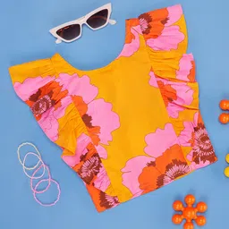 Pantaloons Junior Frill Sleeves Floral Printed Top - Orange-picture-14