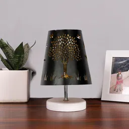 Devansh Tree Metal Etching Table Lamp With White wood Round Base image 1